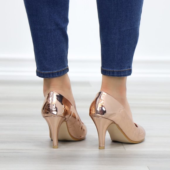 Rose Gold Paten Slip On Kitten Low Heel Pumps - Picture 11 of 12